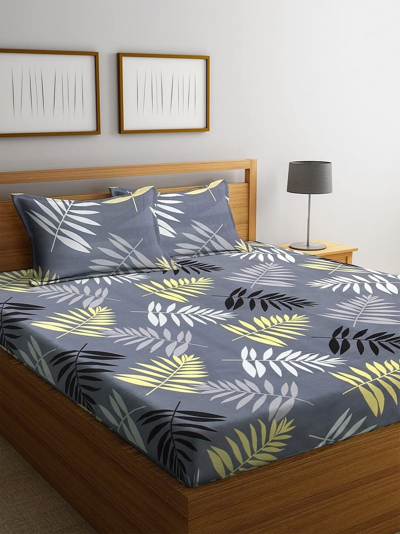 STARNSTYLE 240 TC Cotton Feel Glace Cotton Floral Printed King Size Double Bedsheet with 2 Pillow Covers, Grey White - Image 1